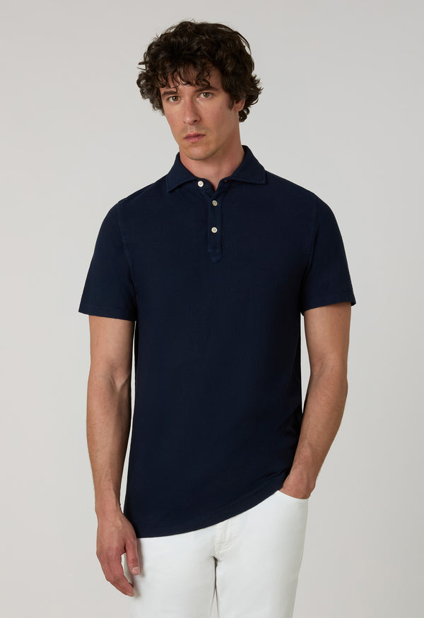 Polo a maniche corte in cotone e lino blu